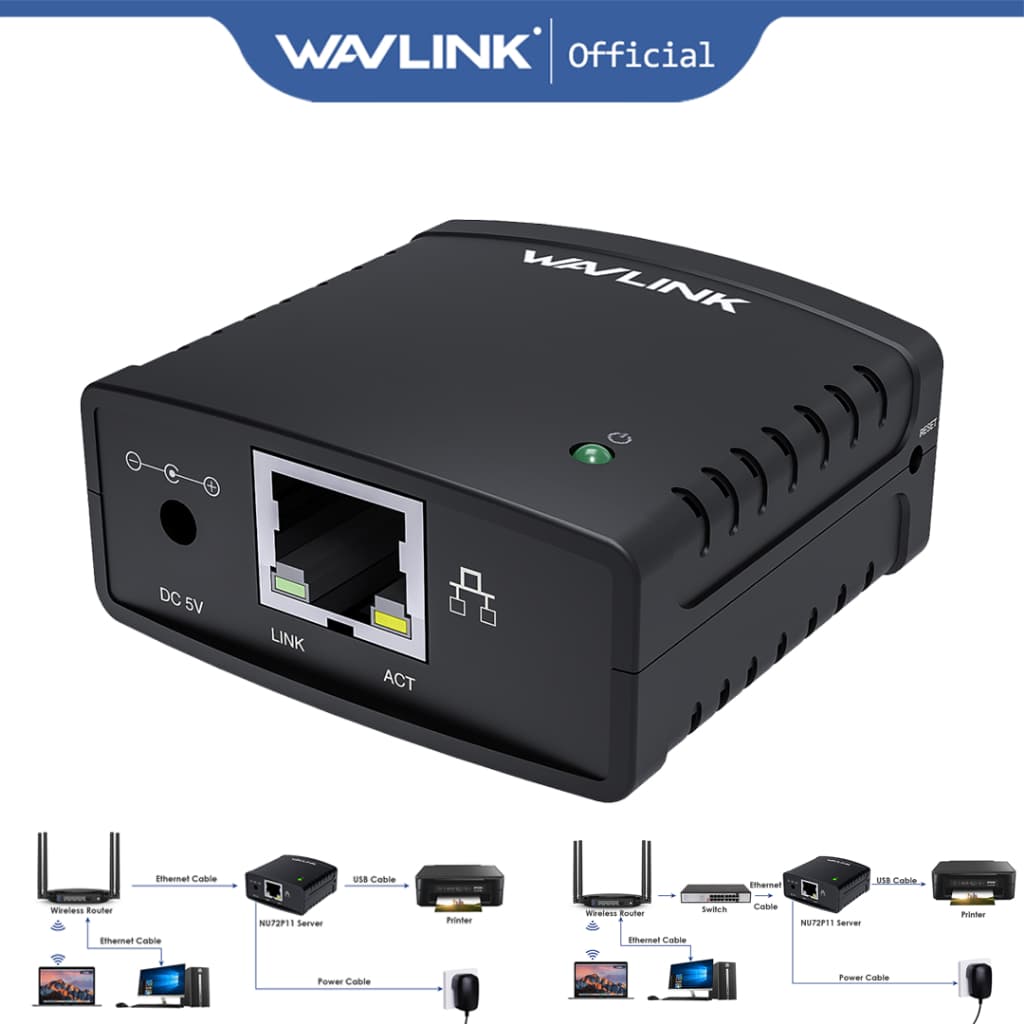Wavlink เซิร์ฟเวอร์พิมพ์ไร้สาย USB WiFi พร้อมสะพาน LAN 10 100Mbps รองรับโหมดสแตนด์อโลนไร้สาย แบบมีสาย และเครื่องพิมพ์รองรับดิบทั้งหมด