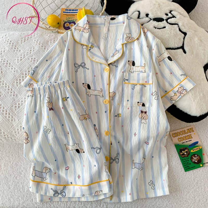 QHST ชุดนอนชุดหญิง Bowknot Puppy Cloud Cotton Cool Thin กางเกงขาสั้นแขนสั้น Im