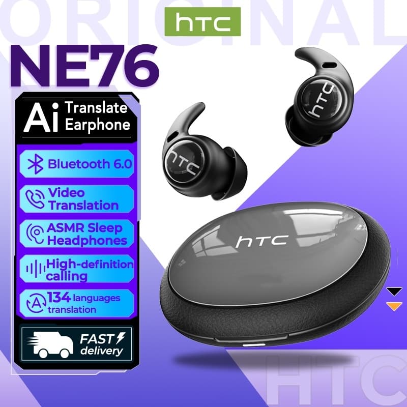 HTC NE76 หูฟังแปลภาษา AI หูฟังไร้สายอัจฉริยะแปลภาษาแบบเรียลไทม์ บลูทูธ 6.0 หูฟังสำหรับธุรกิจพร้อมไมโครโฟน กันน้ำระดับ IPX5 และช่วยให้หลับสบายด้วย ASMR
