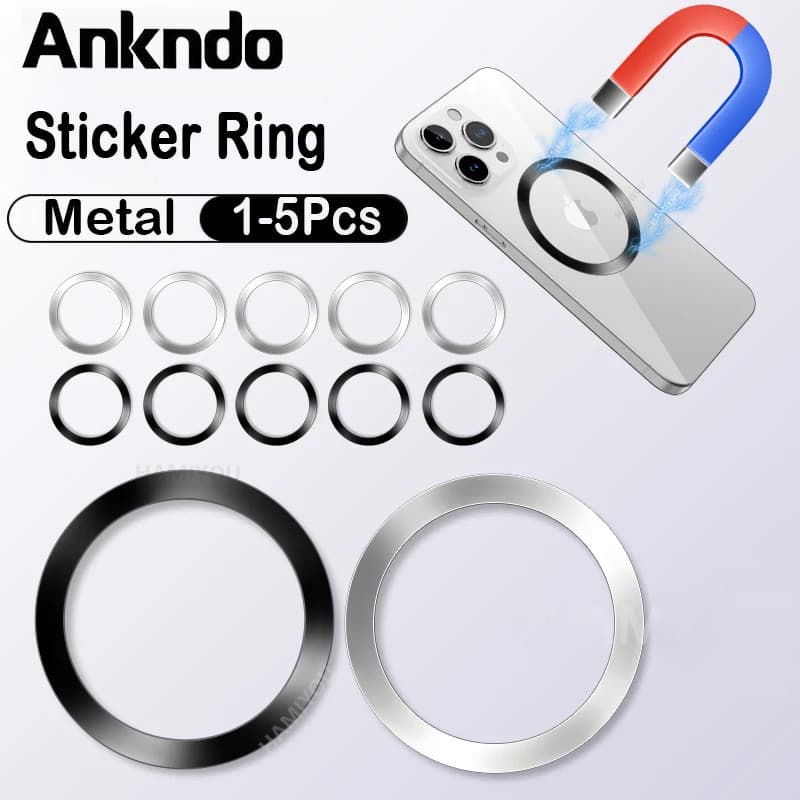 Ankndo 5pcs สติกเกอร์แหวนโลหะ แม่เหล็กไร้สาย เข้าได้กับ iP 15 14 13 Magsafe