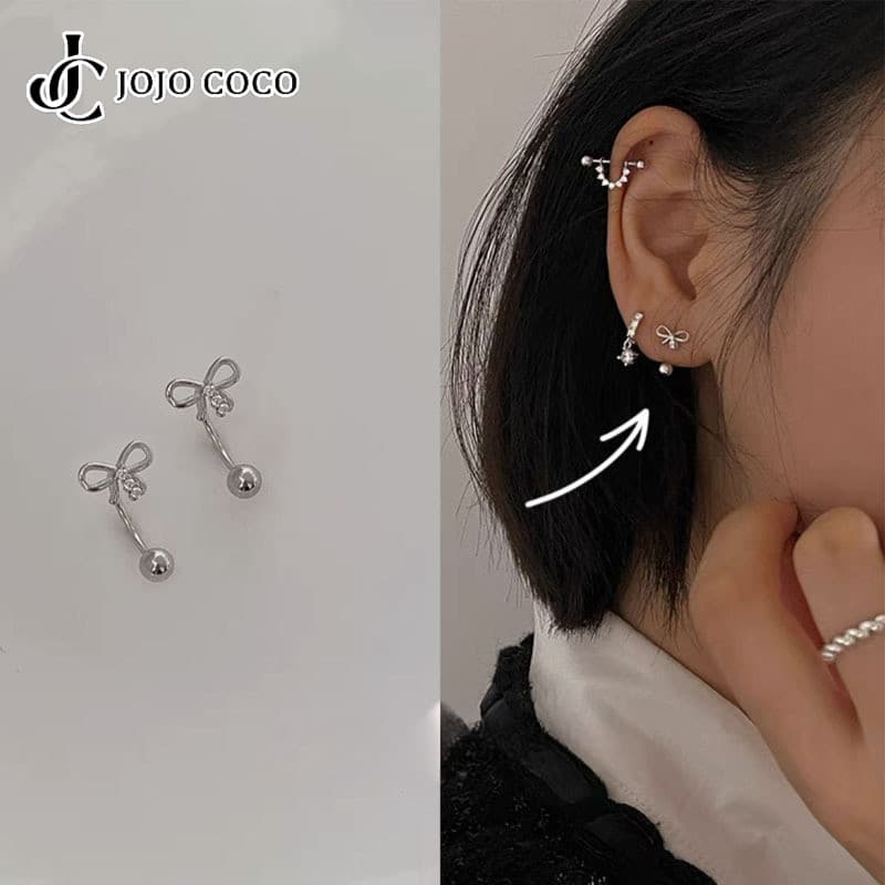 Jojo COCO 925 เงินเข็มสกรู Twist Buckle Bow Knot เจาะขนาดเล็กสตั๊ดต่างหู Simple Ear Bone Stud ต่างหู