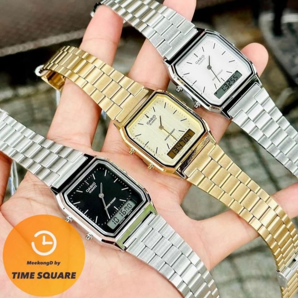 CASIO นาฬิกาข้อมือ CASIO รุ่น AQ-240E-7ADF ของแท้ ประกันศูนย์ CMG 1 ปี สายสแตนเลส หน้าปัดสีขาว ดีไซน์คลาสสิค เรียนหรู