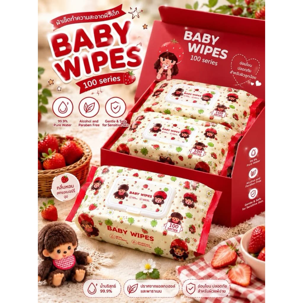 พร้อมส่ง Baby Wipes ลายสตรอว์เบอร์รี่น่ารักสุดๆ 🍓🧸  💖 ทิชชู่เปียกเนื้อนุ่ม ชุ่มชื้น อ่อนโยนต่อผิว