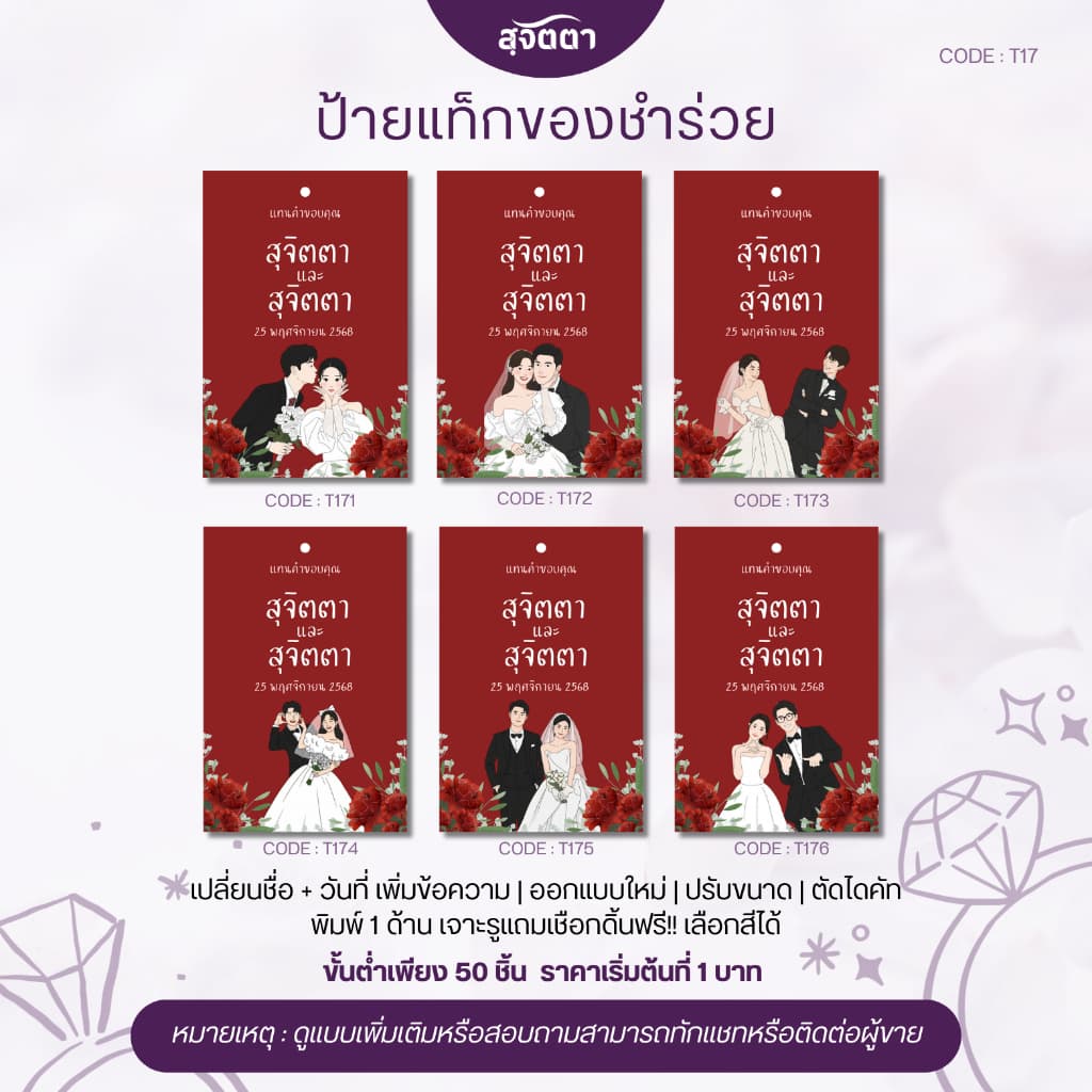 ป้ายแท็กของชำร่วยงานแต่ง การ์ตูนคู่บ่าวสาวโทนสีเเดง Wedding Tag ขอบคุณแขก T171-176