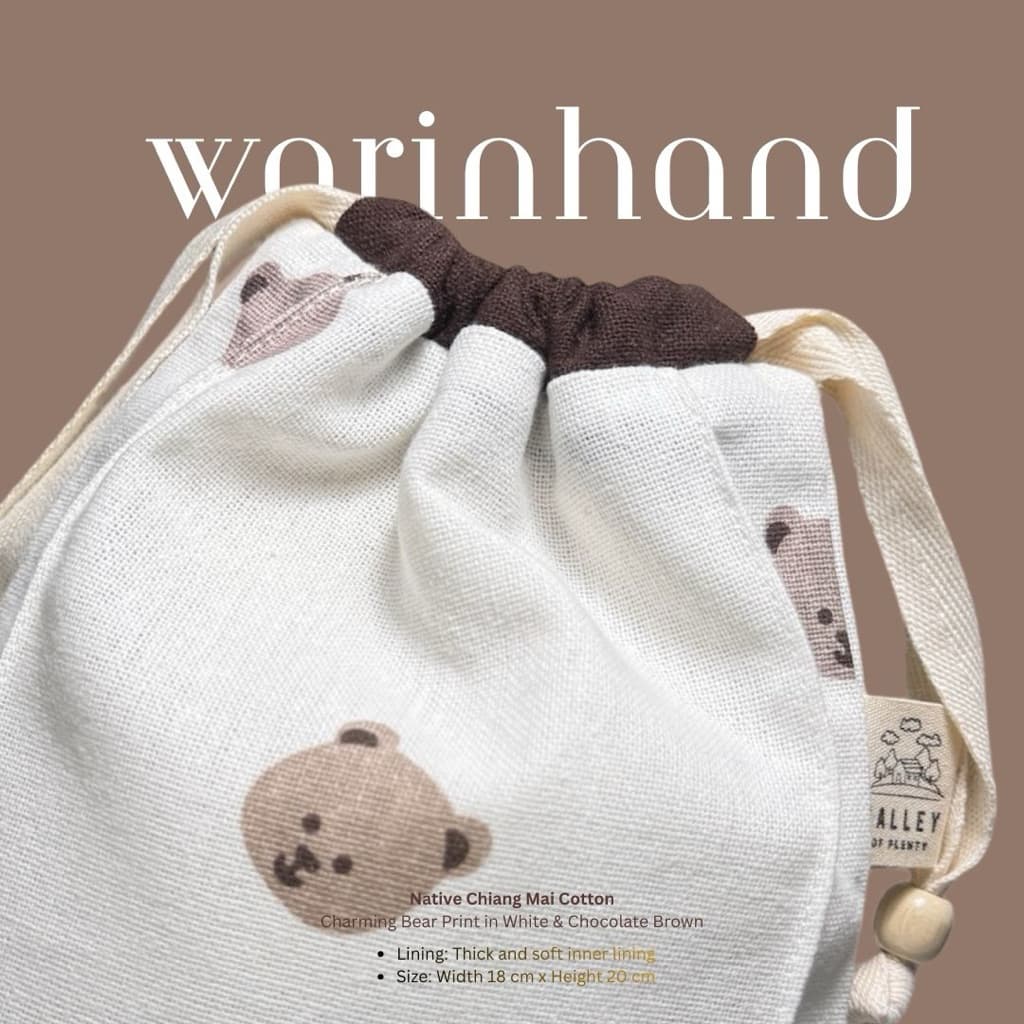 Warinhand Cotton & Beads Lucky Cat กระเป๋าผ้าหูรูด ผ้าฝ้ายเชียงใหม่นุ่ม ลายแมวมงคล 18x20 cm