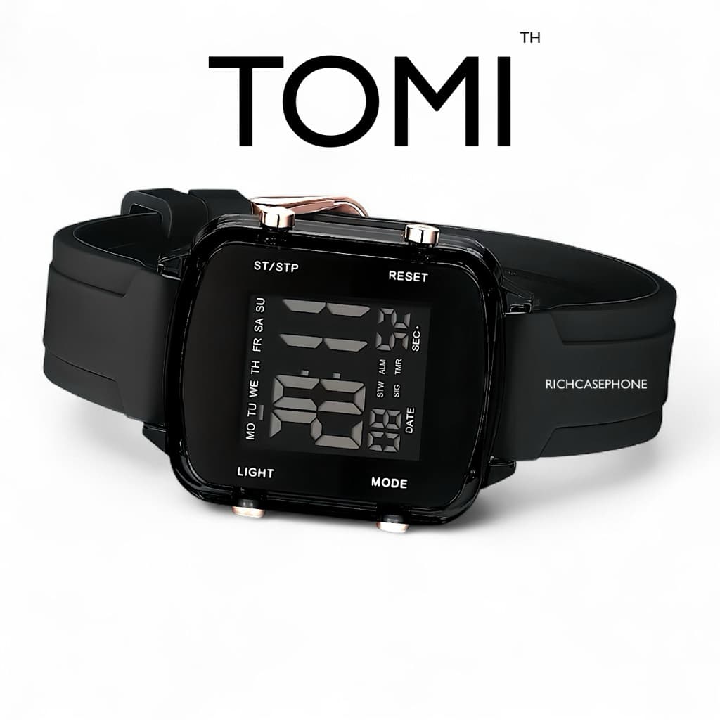 นาฬิกา TOMI - โทมิ แท้ รหัส TM5 กันน้ำ 100% ไฟ LED เต็มจอ หน้าปัดเหลี่ยม 30 MM. สายซิลิโคนเรซิ่น มีหลายสี