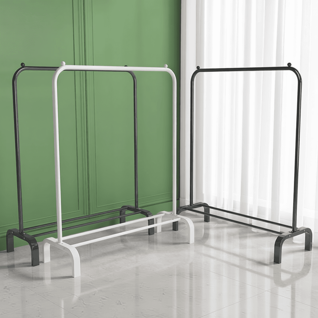 ราวตากผ้าเสาเดี่ยว  พร้อมชั้นวางของ สไตล์มินิมอล ล้อเลื่อนเคลื่อนย้ายสะดวก