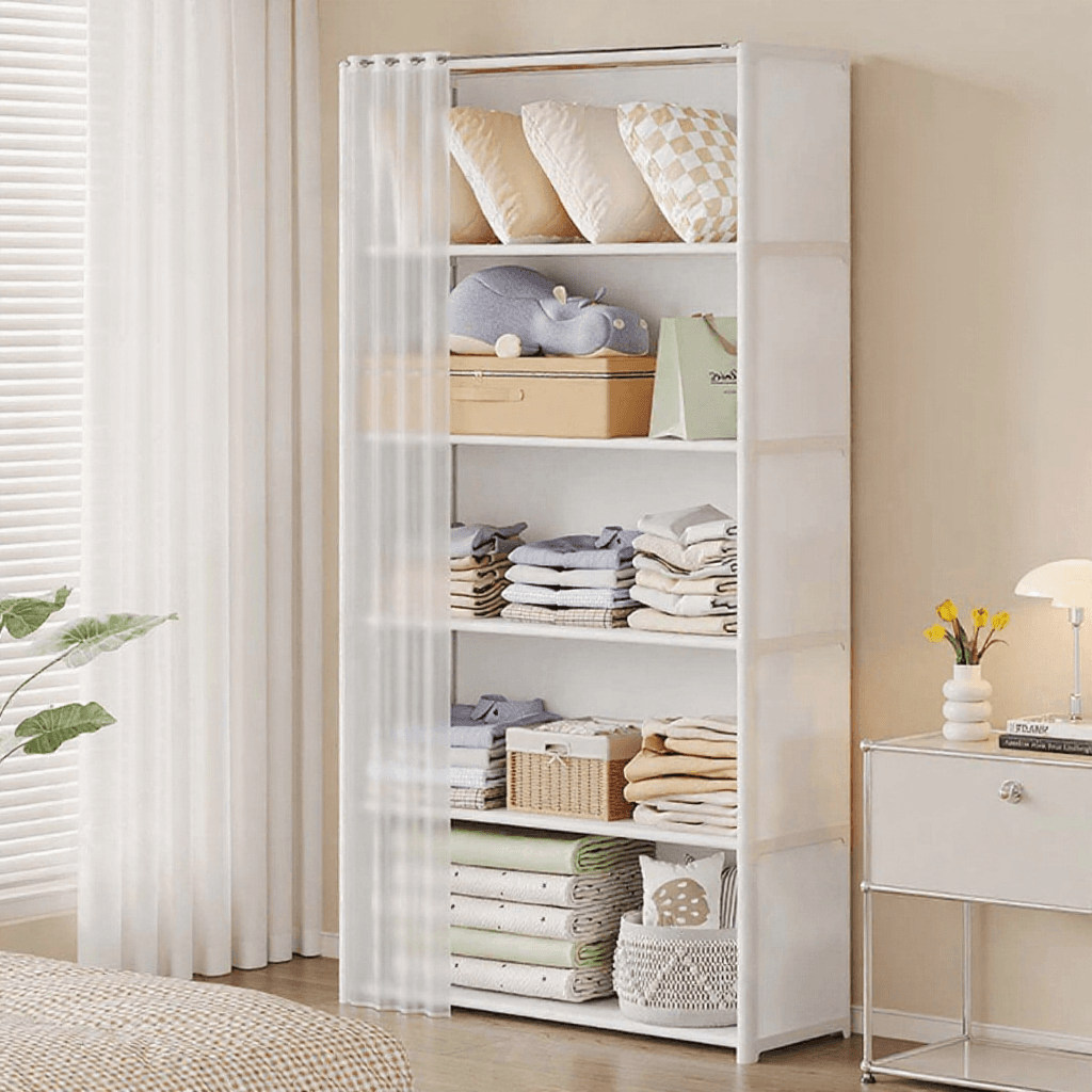 ชั้นวางของอเนกประสงค์ พร้อมผ้าม่านป้องกันฝุ่น แข็งแรง ประหยัดพื้นที่ สไตล์มินิมอล สีขาว/ดำ แถวเดียว/สองแถว 5-6 ชั้น