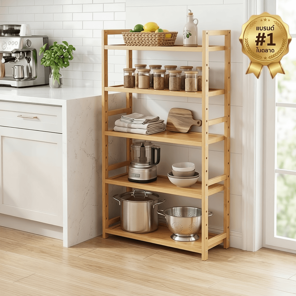 ชั้นวางของอเนกประสงค์ ทำจากไม้ไผ่คุณภาพสูง ปรับระยะชั้นได้ 3-5 ชั้น ดีไซน์ทันสมัย