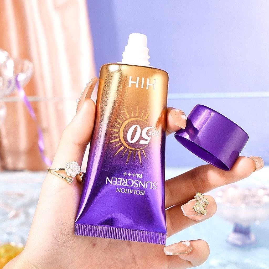 ครีมกันแดดผิวหน้า HIH สีม่วง SPF50+ เนื้อบางเบา คุมมัน กันน้ำ กันเหงื่อ ไม่เป็นคราบ