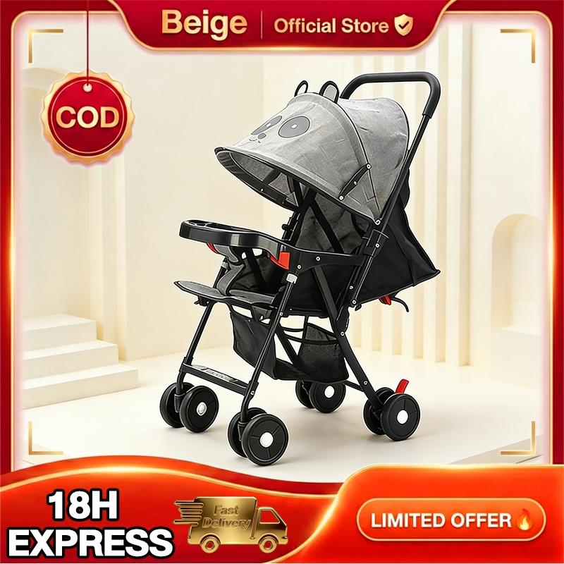 Beige รถเข็นเด็ก พับได้ ปรับเอนได้3ระดับ เข็นหน้า-หลัง มีถาดอาหาร กันชนถอดได้ ล้อมีเบรค ผ้าลินิน