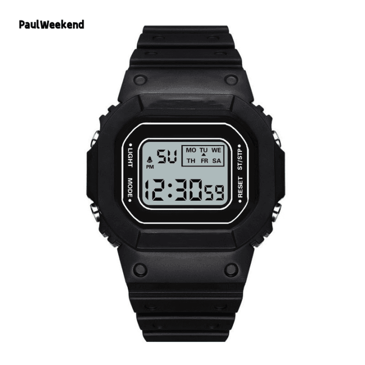 PaulWeekend นาฬิกาหน้าปัดทรงสี่เหลี่ยมสีทึบเยาวชนนักเรียนกีฬากลางแจ้งน้ำนาฬิกาข้อมือ Led อิเล็กทรอนิกส์อเนกประสงค์