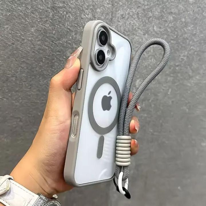 เคสโทรศัพท์ใสแบบแม่เหล็กพร้อมสายคล้อง For iPhone 17 16 11 12 14 15 13 Pro Max Air 15 Plus 16Pro Max XR X XS Max เคส Magsafe ชาร์จไร้สายแบบแม่เหล็ก เคสไอโฟน16 17promax 11promax 7 8 Plus เคสซิลิโคนสายรัดข้อมือกันกระแทก
