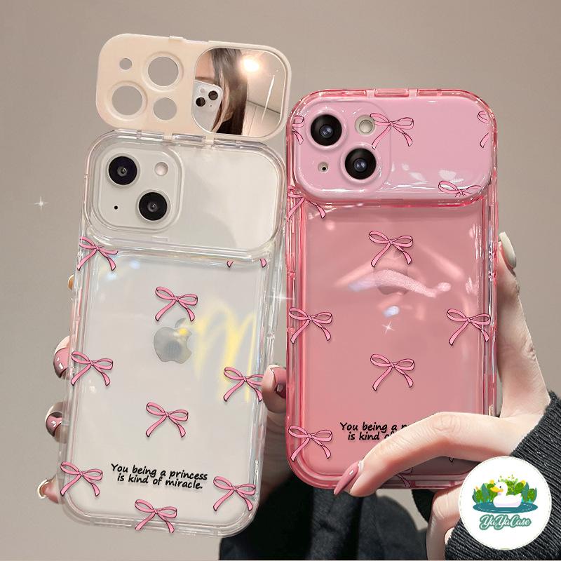 Flip Mirrorกระจกแต่งหน้าทรงโบว์แบบเต็มจอ สีชมพูไอโฟน11 For iPhone12 13 14 15Pro MAX X XS XR XS 7 8Plus SE2020เคสโทรศัพท์